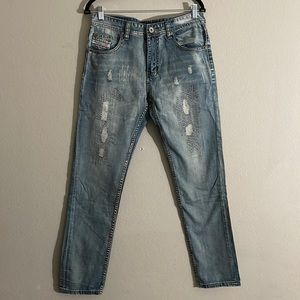 DIESEL JEANS SIZE 32 Double Stitch Light Wash Distressed Repair Design. NEW